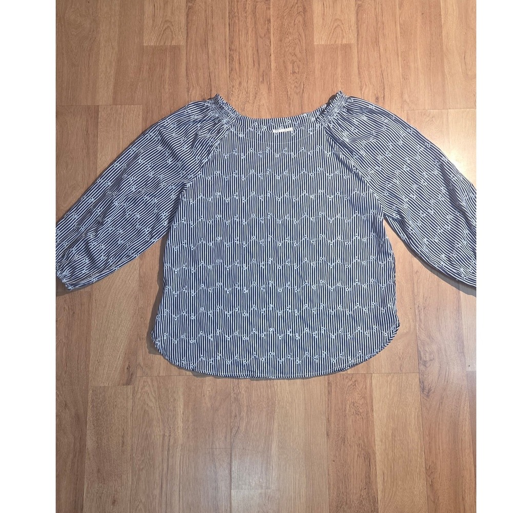 Loft Outlet Navy White Striped Eyelet Embroidered Blouse Medium 3/4 Sleeve Top